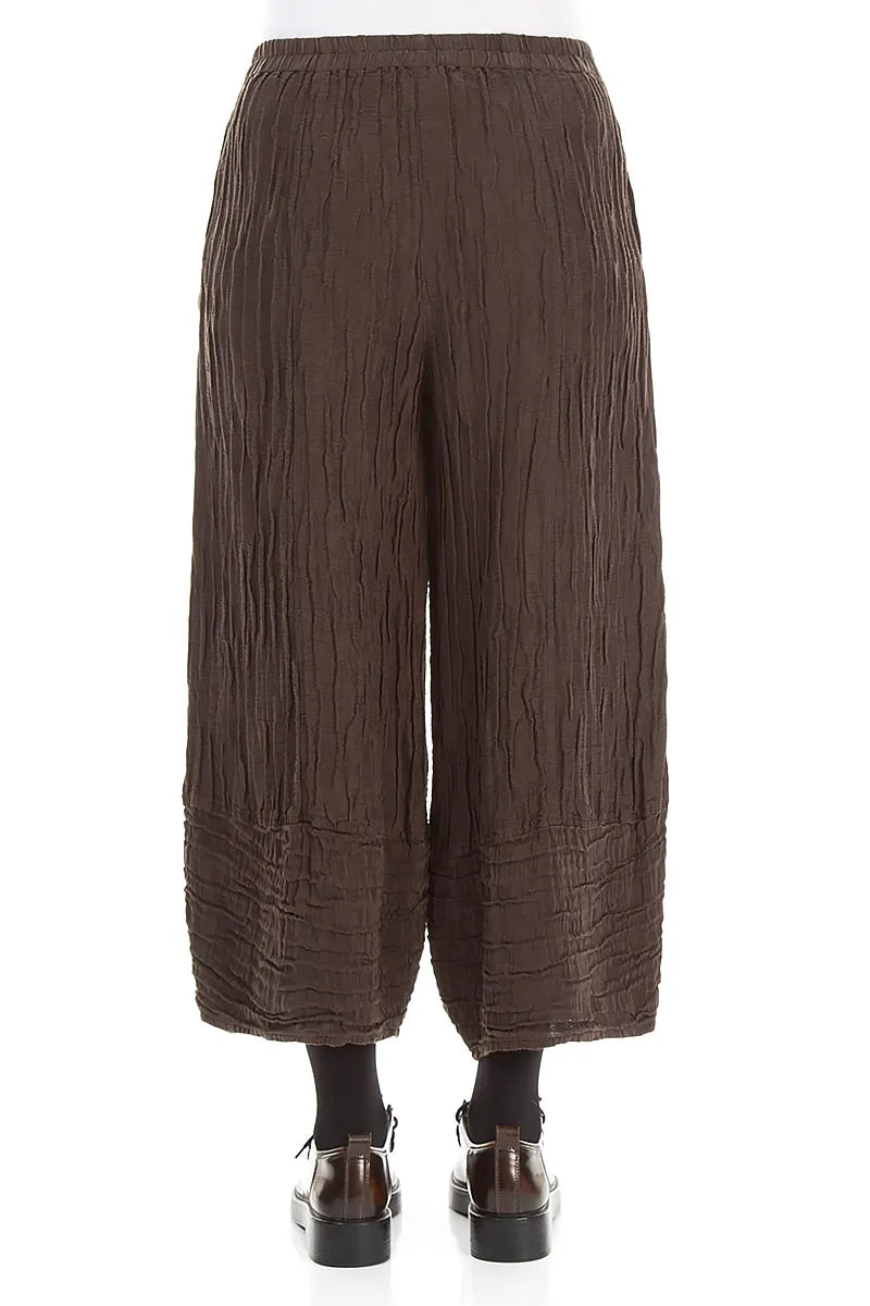 Pantalon large raccourci en Soie et Lin Froissé marron truffe