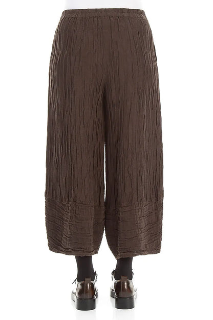 Pantalon large raccourci en Soie et Lin Froissé marron truffe