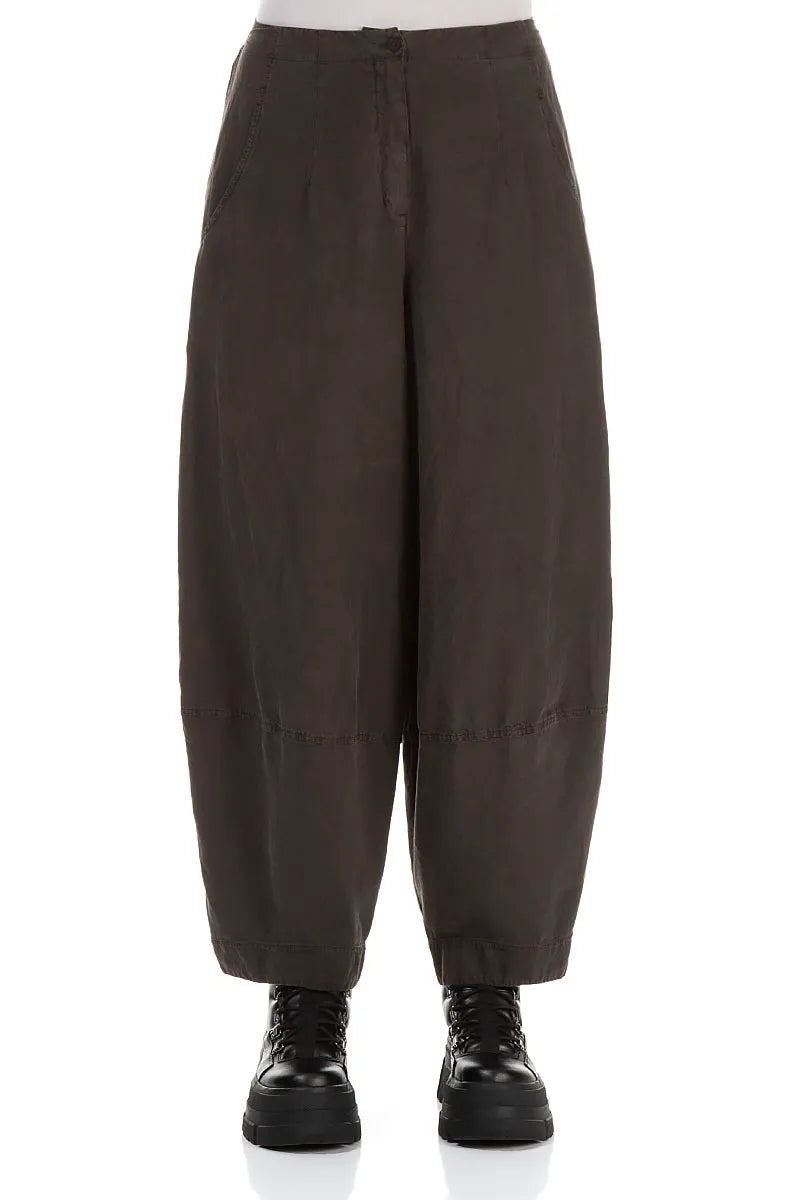 Wide Cropped Forest Brown Silk Linen Trousers 1