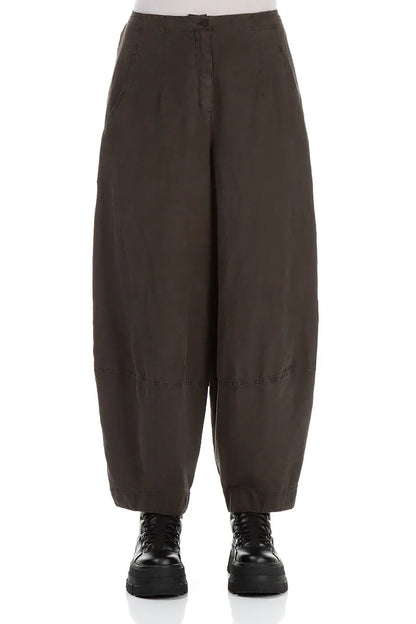Wide Cropped Forest Brown Silk Linen Trousers 1