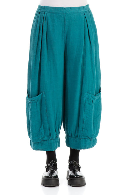 Wide Cropped Teal Linen Trousers