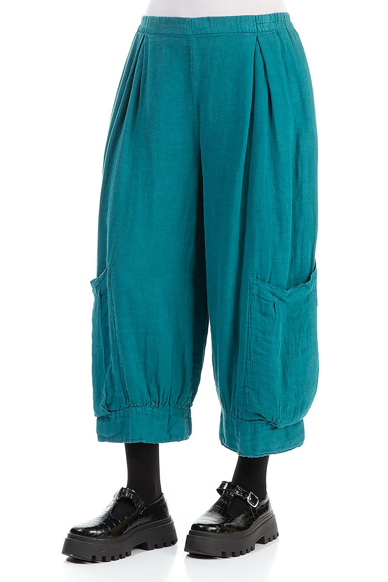 Wide Cropped Teal Linen Trousers