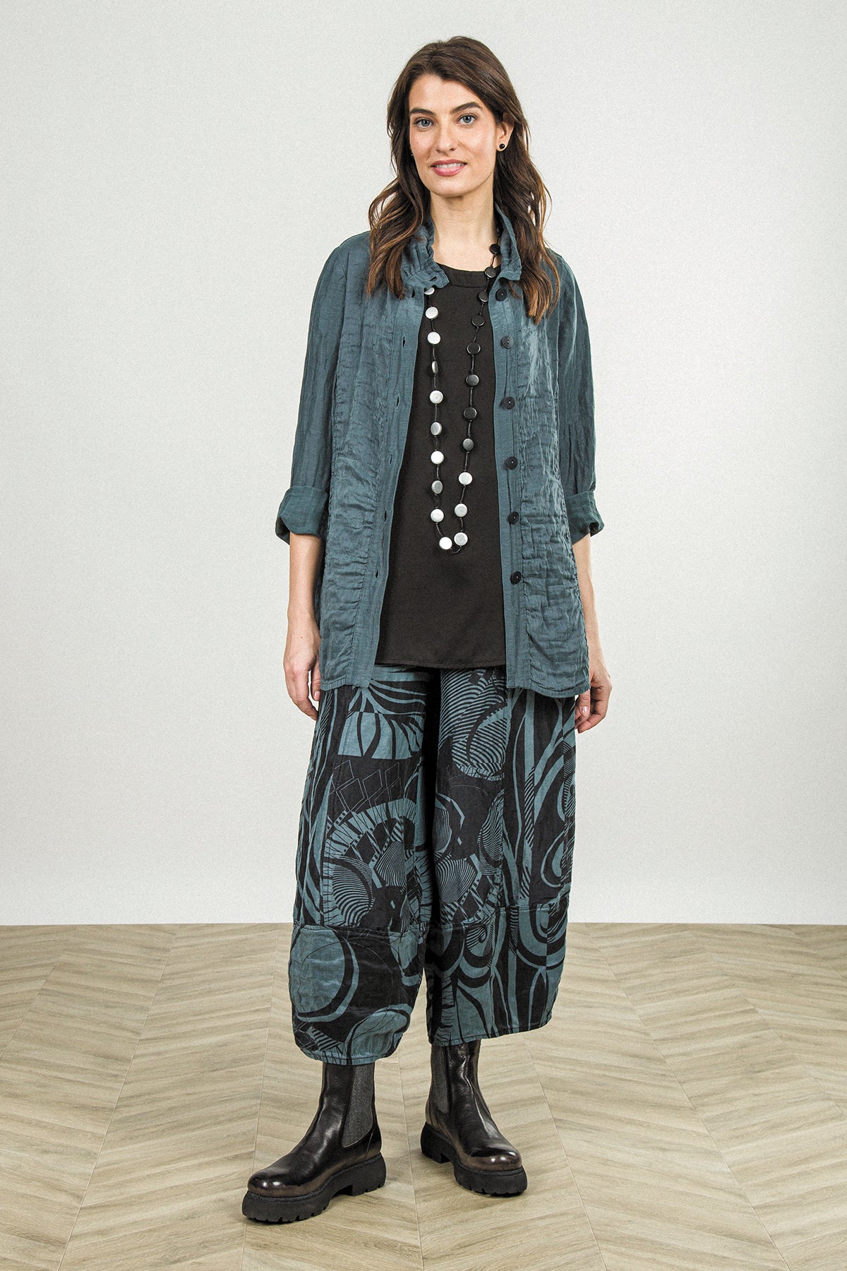 Wide Cropped Textured Slate Orbit Silk Linen Trousers