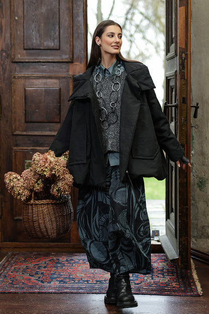 Wide Cropped Textured Slate Orbit Silk Linen Trousers