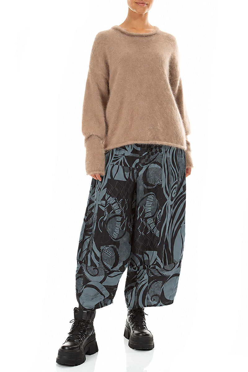 Wide Cropped Textured Slate Orbit Silk Linen Trousers 5