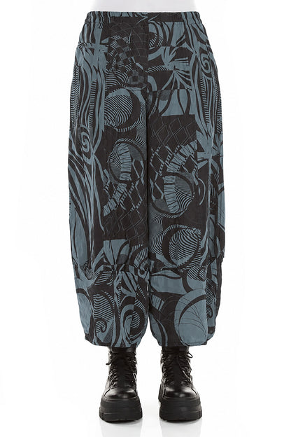Wide Cropped Textured Slate Orbit Silk Linen Trousers