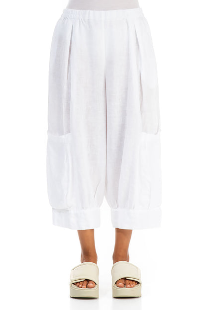 Wide Cropped White Gauze Linen Trousers