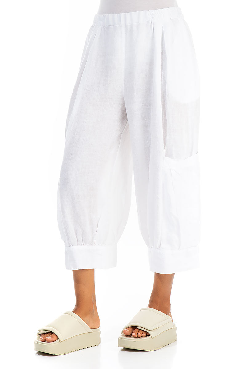 Wide Cropped White Gauze Linen Trousers