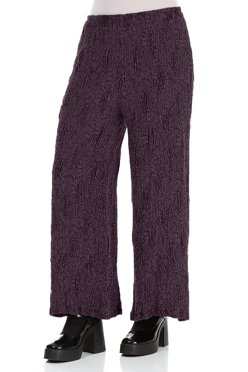 Wide Deep Plum Textured Silk Linen Trousers 3