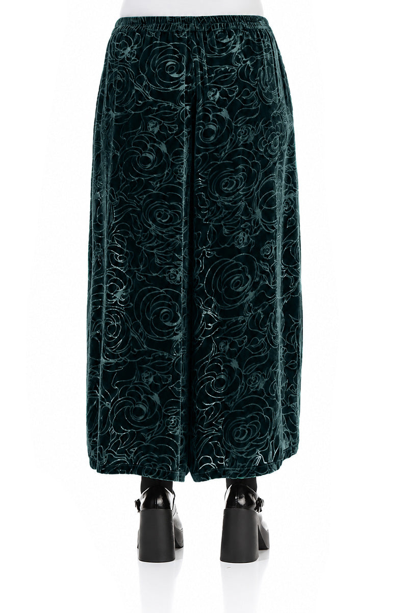 Pantalon en Velours de Soie Turquoise profond à larges motifs de roses dévorées