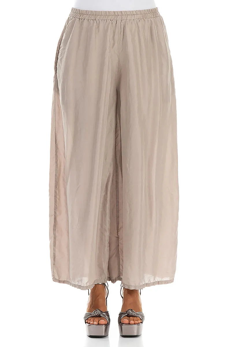 Wide Flowy Beige Pure Silk Trousers 1