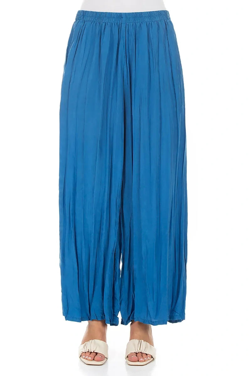 Wide Flowy Cobalt Blue Crumpled Pure Silk Trousers 1