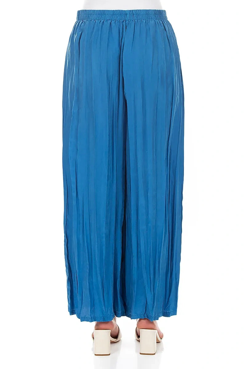 Wide Flowy Cobalt Blue Crumpled Pure Silk Trousers 2