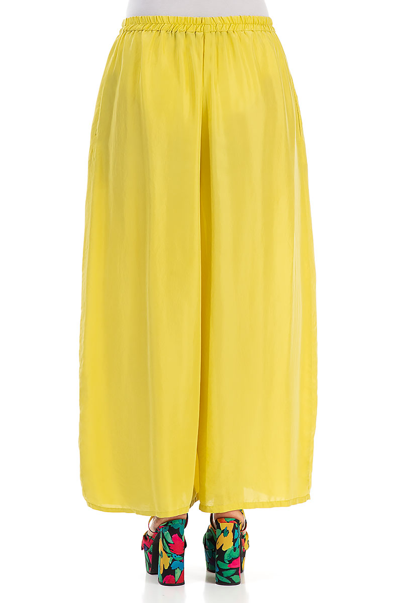 Wide Flowy Cyber Lime Pure Silk Trousers