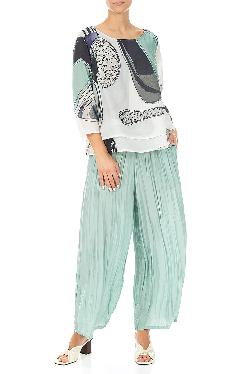 Wide Flowy Mint Crumpled Pure Silk Trousers
