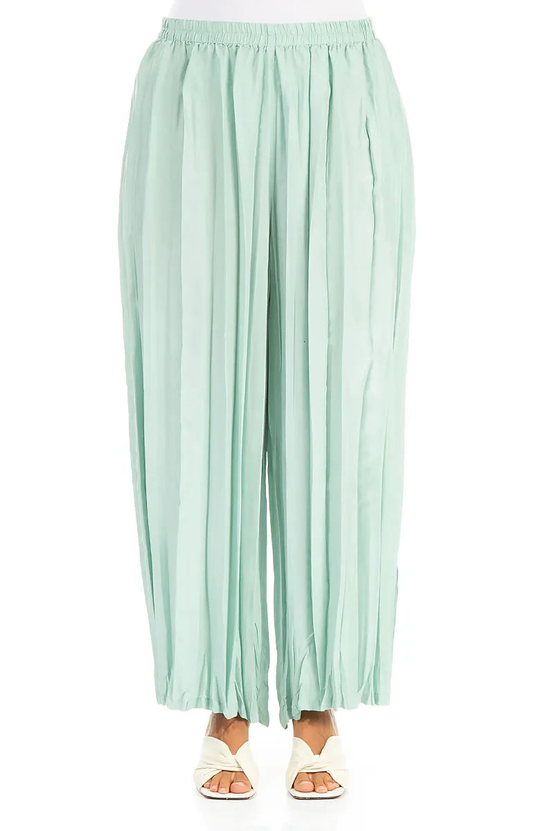 Wide Flowy Mint Crumpled Pure Silk Trousers