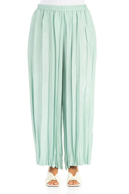Wide Flowy Mint Crumpled Pure Silk Trousers