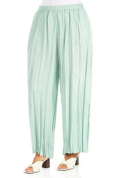 Wide Flowy Mint Crumpled Pure Silk Trousers