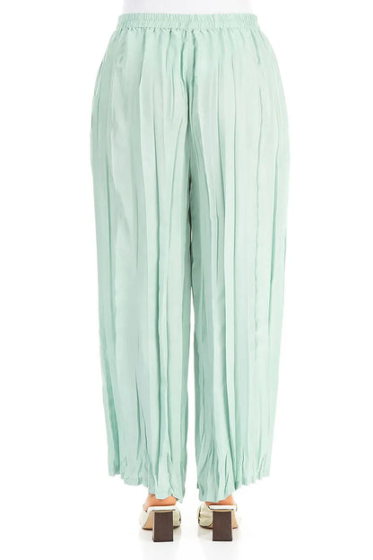 Wide Flowy Mint Crumpled Pure Silk Trousers