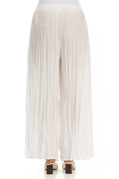 Wide Flowy White Crumpled Pure Silk Trousers 2