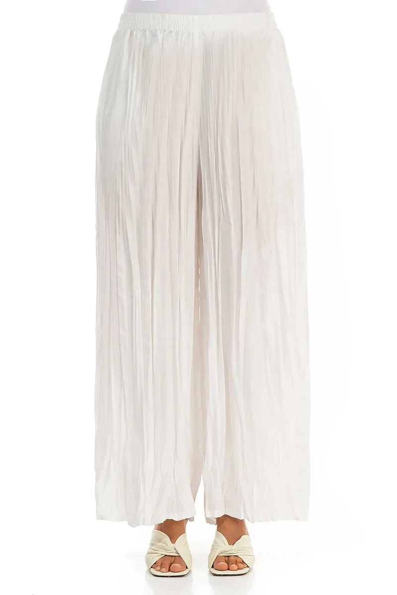 Wide Flowy White Crumpled Pure Silk Trousers 1