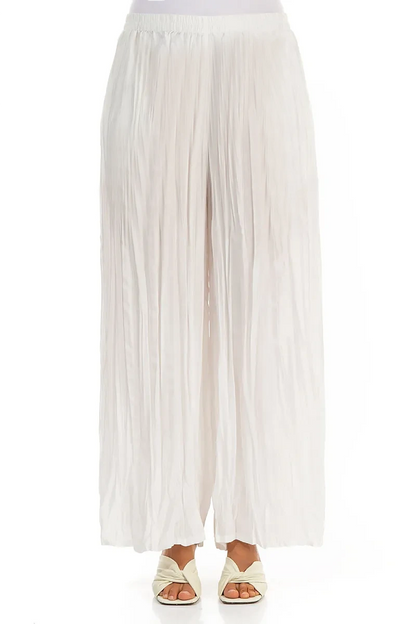 Wide Flowy White Crumpled Pure Silk Trousers 1