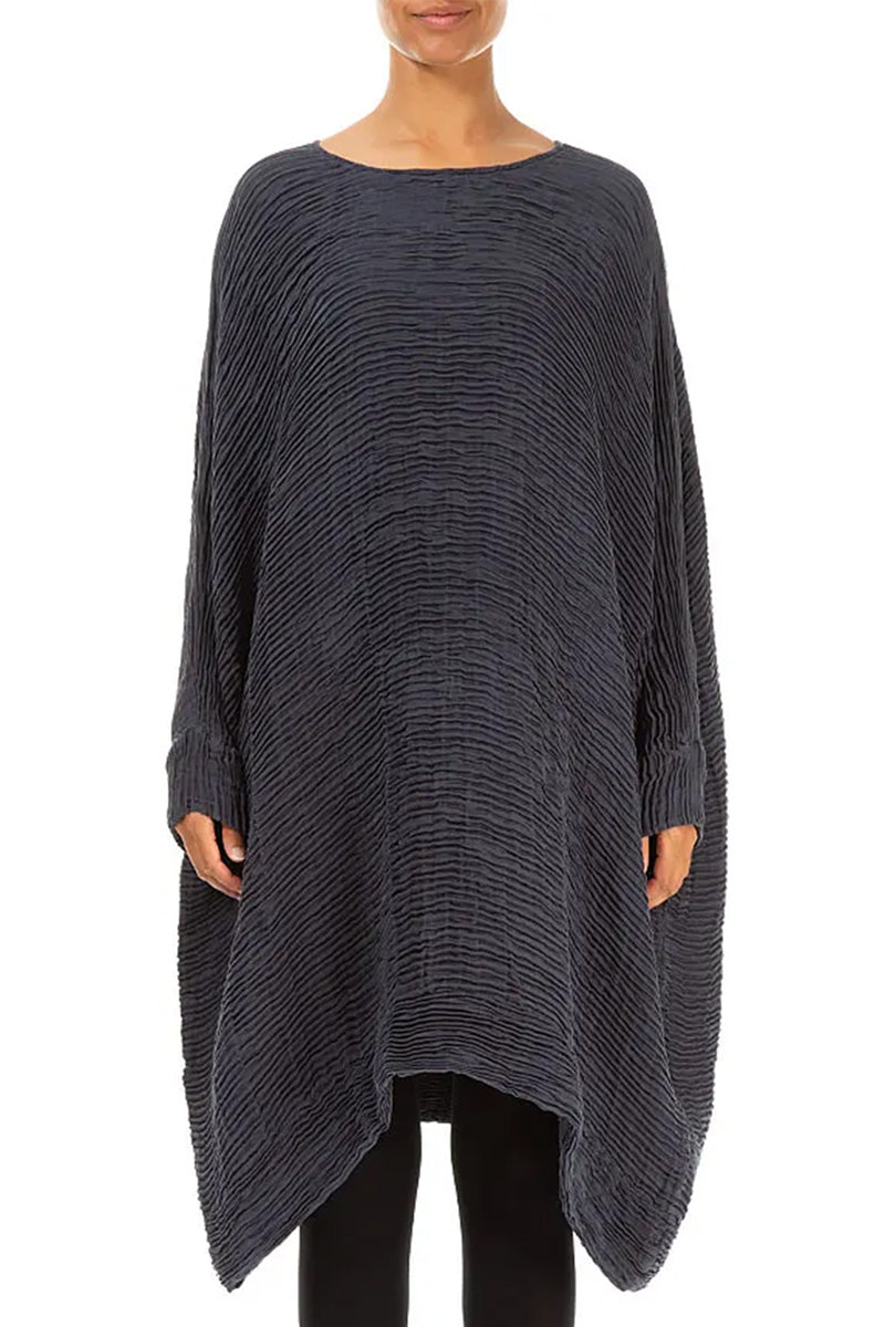 Wide Graphite Blue Plissé Silk Kaftan Dress 1