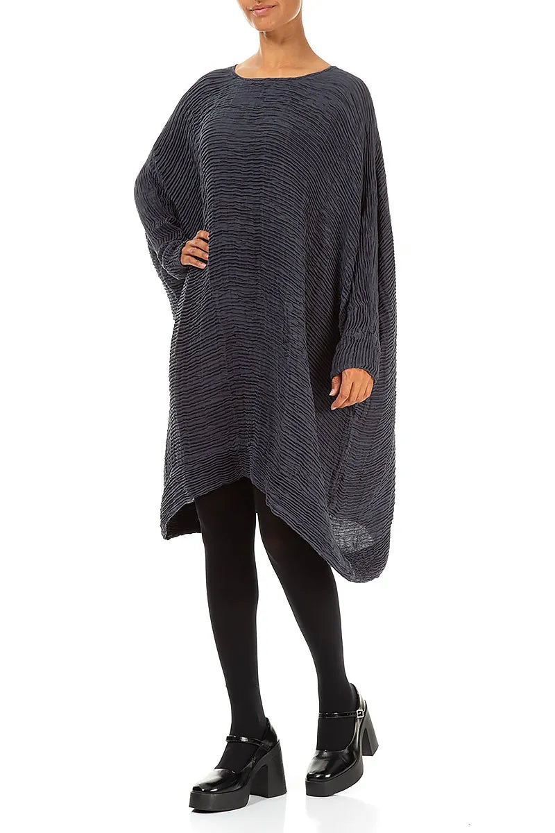 Wide Graphite Blue Plissé Silk Kaftan Dress 4