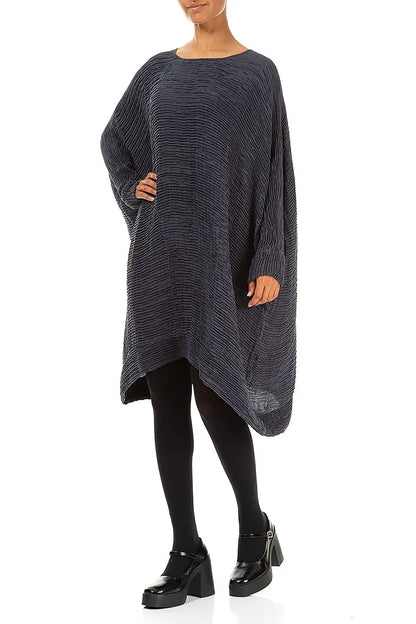 Wide Graphite Blue Plissé Silk Kaftan Dress 4