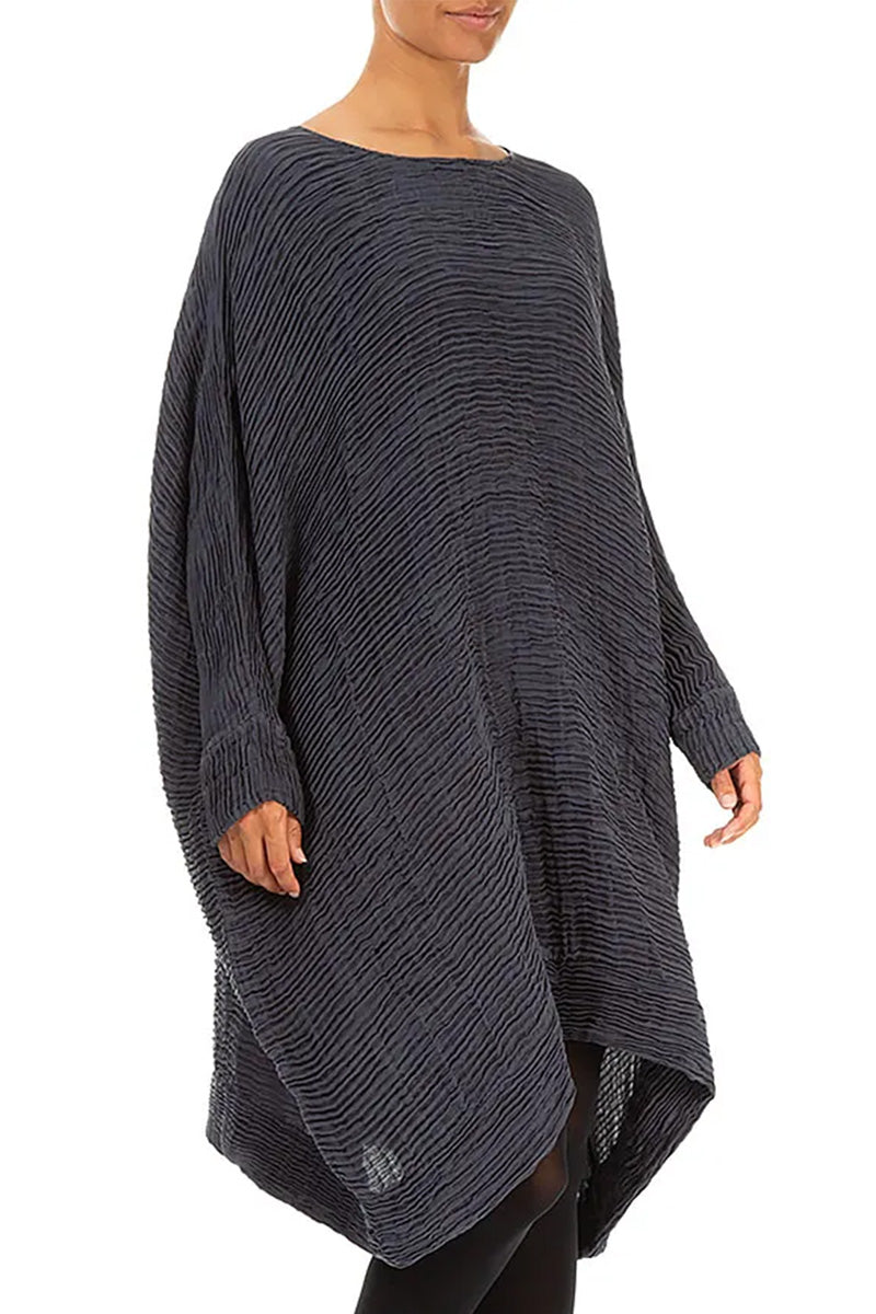 Wide Graphite Blue Plissé Silk Kaftan Dress 3