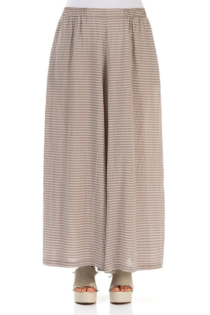 Wide Leg Beige Textured Silk Trousers 1