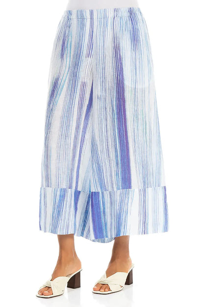 Weite Beinbündchen Blau Gestreifte Leinen Culottes