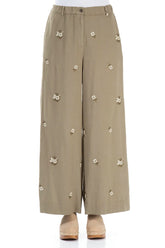 Wide Leg Petal Embroidered Olive Linen Trousers 1