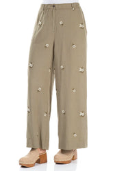 Wide Leg Petal Embroidered Olive Linen Trousers 3