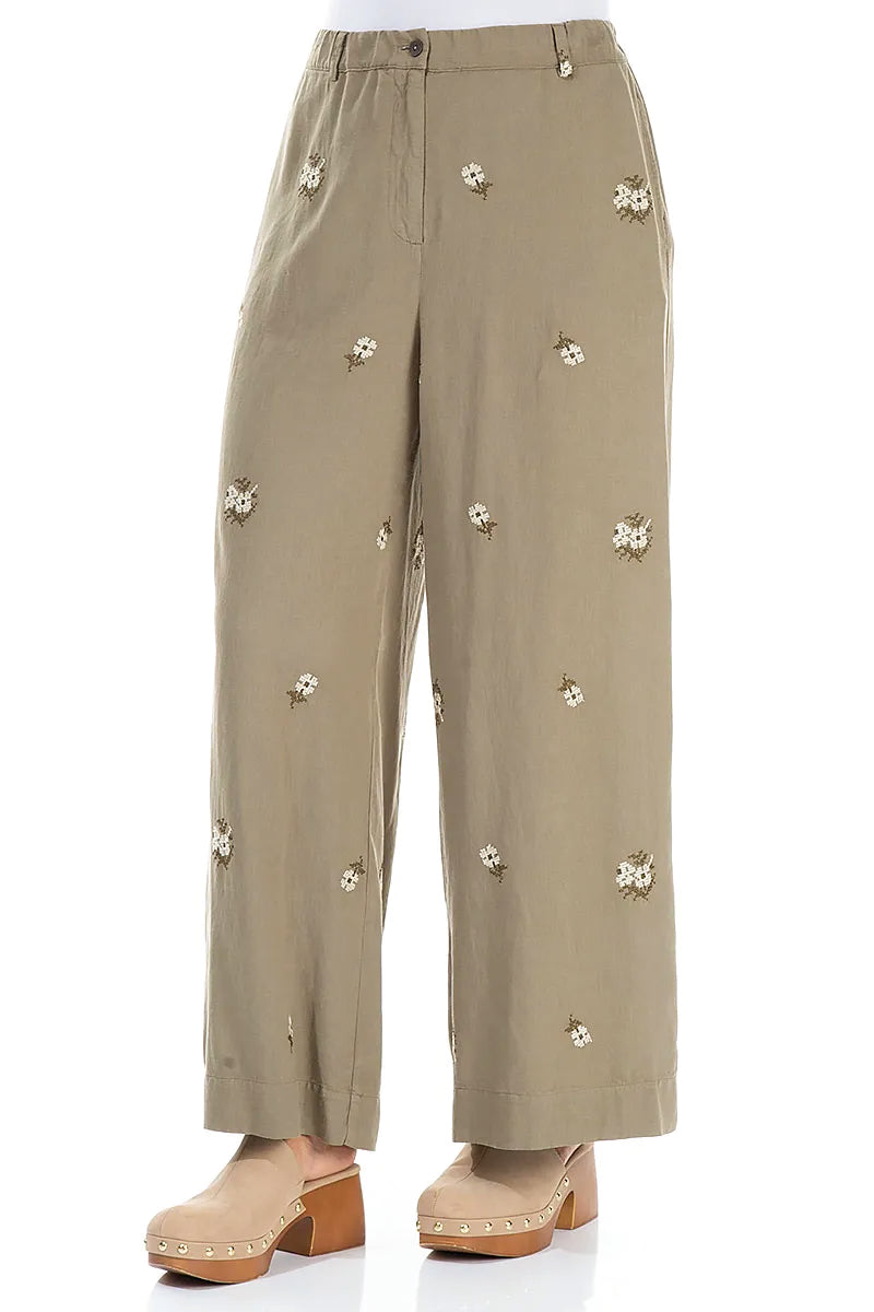 Wide Leg Petal Embroidered Olive Linen Trousers 3