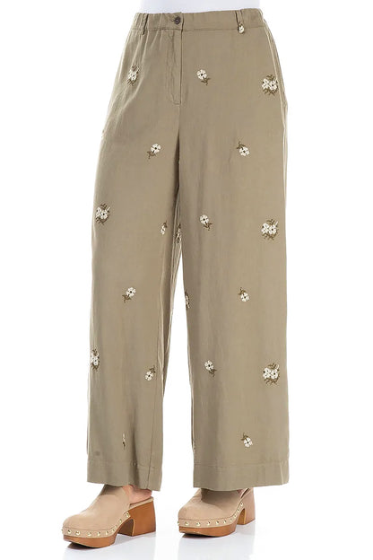 Wide Leg Petal Embroidered Olive Linen Trousers 3