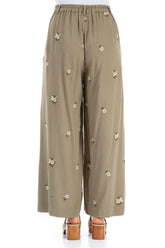Wide Leg Petal Embroidered Olive Linen Trousers 2