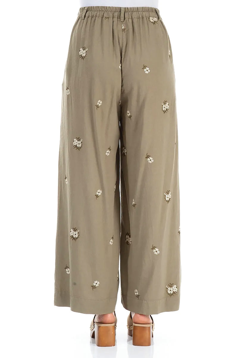 Wide Leg Petal Embroidered Olive Linen Trousers 2