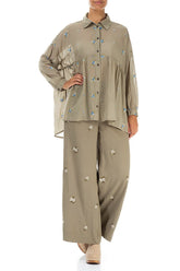 Wide Leg Petal Embroidered Olive Linen Trousers 4