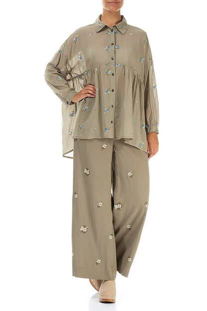 Wide Leg Petal Embroidered Olive Linen Trousers 4