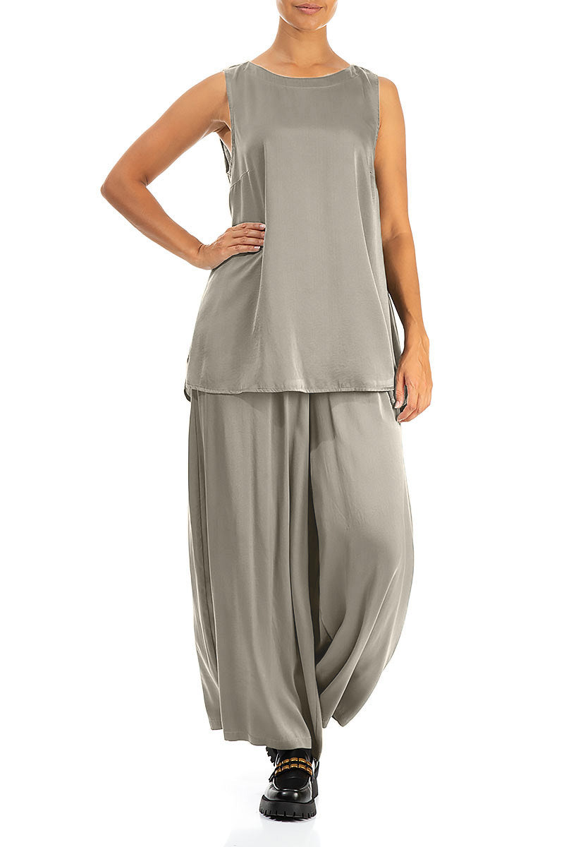 Wide Leg Silver Sage Silk Trousers