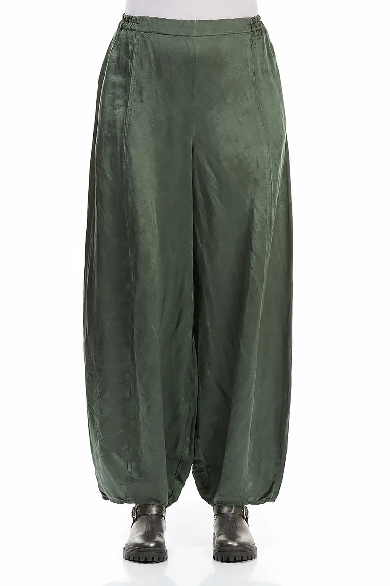 Wide Long Olive Silk Linen Trousers 1