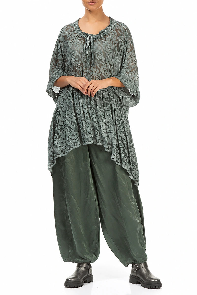 Wide Long Olive Silk Linen Trousers 4
