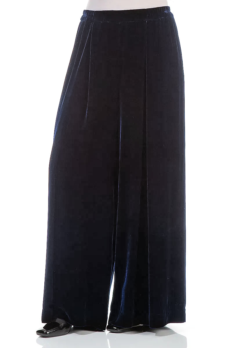 Wide Long Royal Blue Silk Velvet Trousers 4