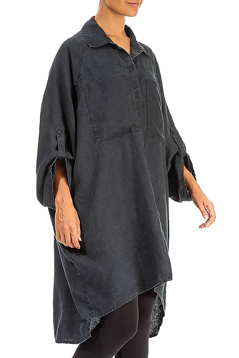 Wide Loose Black Linen Shirt 3