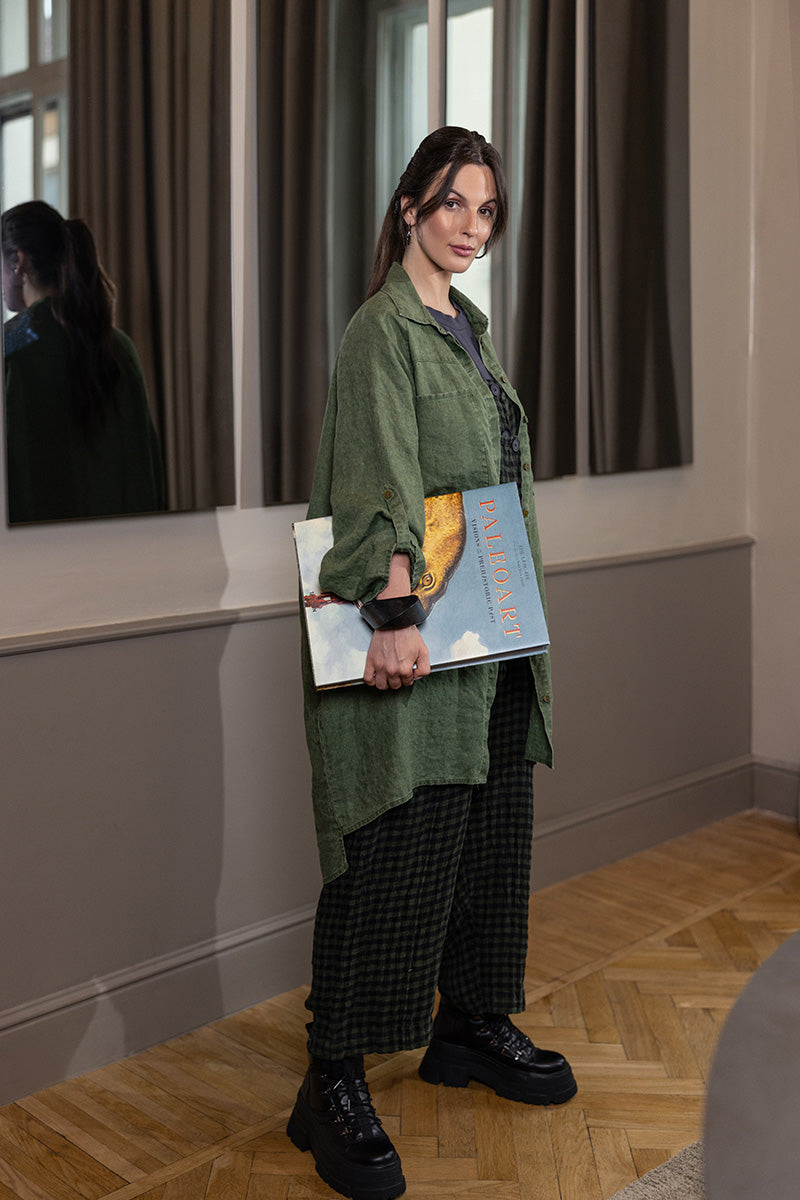 Wide Loose Dark Sage Linen Shirt 6