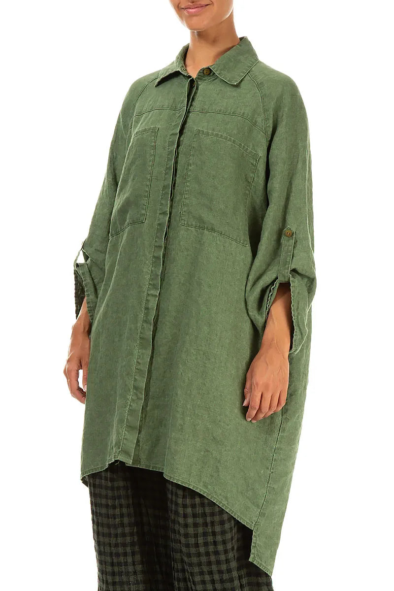 Wide Loose Dark Sage Linen Shirt 3