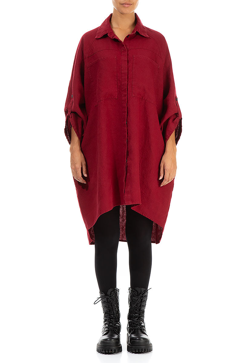 Wide Loose Deep Red Linen Shirt