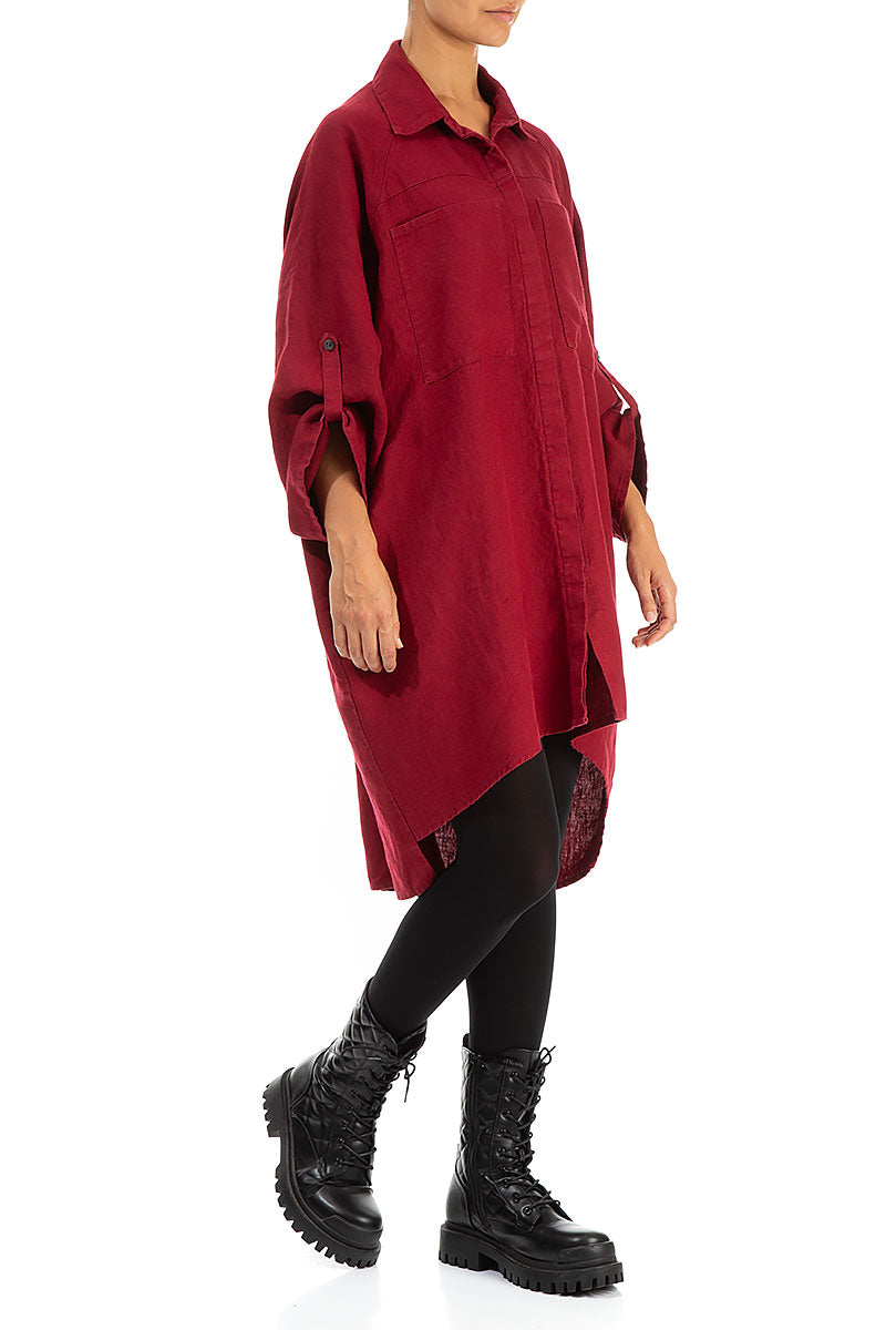 Wide Loose Deep Red Linen Shirt