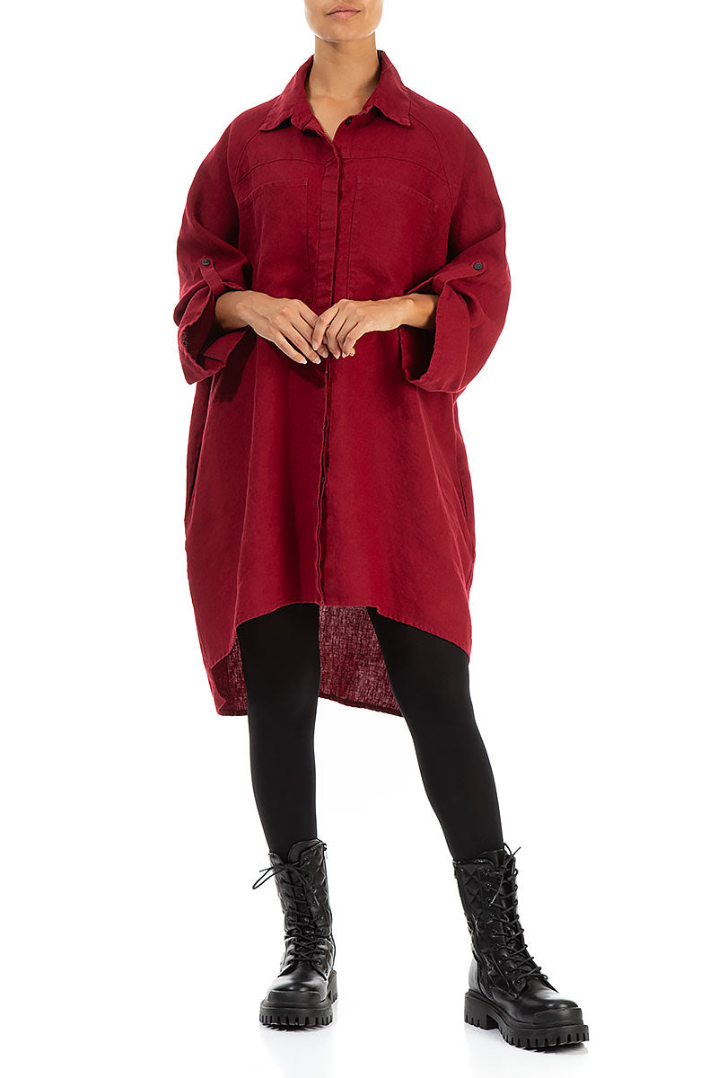 Wide Loose Deep Red Linen Shirt